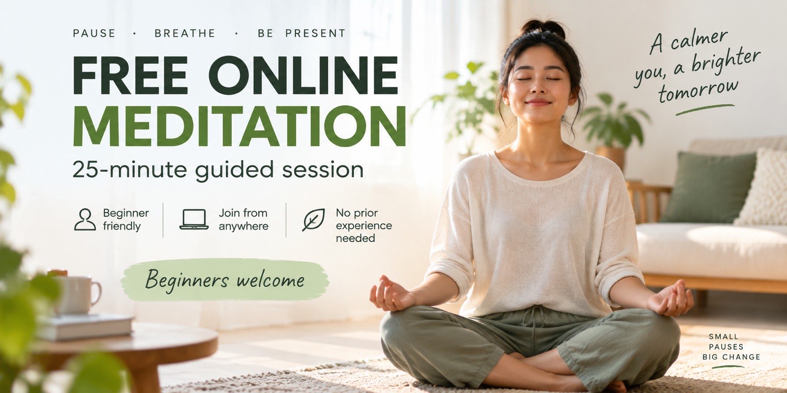 A person sitting comfortably at home with eyes closed, meditating in soft natural light